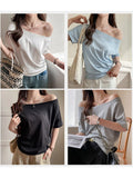 Pure Cotton Shoulder Oblique Shoulder Light Blue Loose Short-Sleeved T-Shirt Women Wear High-End Casual Shoulder Design Top