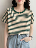 Pure Cotton Short-Sleeved Horizontal Streak T-Shirt Women's Summer 2025 New Loose Half-Sleeved Sympathize Casual Bottoming Shoulder Coat
