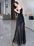 Black Sling Dress Dress High Sexy Famous Temperament Thin Mesh Splicing Irregular Long Dress Summer