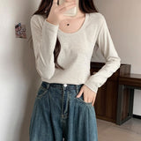 White Flower Gray Cotton Large U Collar Long-Sleeved T-Shirt Design Dew Collar Elasticity To Put On The Bottom Of The Coat