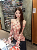 Red Plaid One-Collar Shirt Women 2026 Early Spring New Temperament Sweet Spicy Shoulder Repair Long-Sleeved Shirt Tide