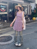 French Tea Break V Collar Purple Floral Vest Dress Women's Summer New Temperament Sleeveless A Word Holiday Skirt