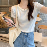 Striped Short-Sleeved T-Shirt Girls Summer Niche Design Splicing Against The Color Of The Hot Girl Pure Lust Wind Is Shoulder Tight Small Clothes