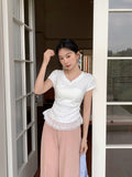 Sweet Hem Lace Splicing Short Sleeves Straight Shoulder T-Shirt 2026 Summer Folding Waist Design Blouse