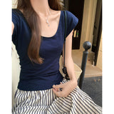 Blue Big Neckpeak Collar Collar Sexy Short-Sleeved Bamboo Festival Cotton Slim Thin T-Shirt Girl Small Flying Sleeve Repair Body