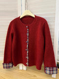 Fake Two Korean Round Collar Spliced Lattice Sweater Women 2025 Autumn And Winter New Knitted Coat Loose Casual Opener