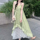 French 2025 Printed Summer Splicing New Seaside Slings Holiday Temperament Irregular Dress Skirt
