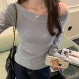 Pure Wind Inclined Angle Shoulder Knitted Bottom Shirt Long-Sleeved Girl Autumn Soft Sweater Tight Waist To Put A Word Collar Top