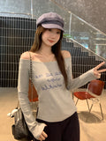Gray Oblique Shoulder-To-Shoulder Letter Print Long-Sleeved Girl T-Shirt Early Autumn New Knitted Bottom Shirt Sexy Top