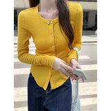 Sweet Babes Yellow Round-Neck Knitted Cardigan Women's Early Autumn Thin Wooden Ear Design Temperamental Coat Beautiful Top
