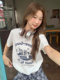 Summer Super Fire Lazy Style White Shoulder Collar Short-Sleeved Women Wearing Letter Print Loose Thin Top