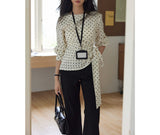 New Retro Temperament Wave Dot Round Neck Long-Sleeved Top Woman Irregularly Tied Belt Waist Shirt