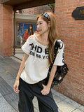 Korean Pure Desire To Write A Shoulder-Slanted Letter Printed Short-Sleeved T-Shirt For Women's Summer New Loose Thin Blouse