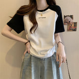 Vintage Shoulder-Sleeved T-Shirt Women's New Summer Design Small Drawstring Thin Cotton T-Shirt