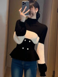 Gentle Little Fragrant Black And White Half-High Collar Lotus Side Long-Sleeved Sweater Knitted Women's Autumn And Winter Repair