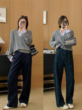Relaxing Feeling Fashionable And Fashionable Color Fake Two Spliced Striped Knitted Shirt Girls Autumn Winter Design Loose V Collar Top