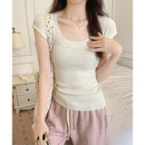 White U-Collar Ice Silk Knitted Short-Sleeved T-Shirt For Girls Summer Thin Necktip Pure Hot Girl Style Short Blouse