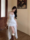 French Lace V-Necked Dress Women's Summer Vacation Irregular Dress White Beauty Mid-Rise Dress