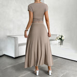 Dili 2025 Spring And Summer Short-Sleeved Women's Temperament Solid Color Short-Sleeved Skirt Set