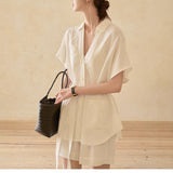 Imitation Cotton Hemp Texture Is Not Easy To Wrinkle Without Iron Heavy Industry Nail Beads V Tie Belt Short-Sleeved Shirt Coat + Shorts Set Summer