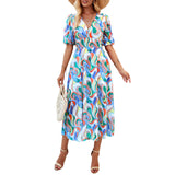 Dili Dress Women's Dress 2025 Spring And Summer Holiday Printing Waist V Neck Chiffon Short Sleeve Dress