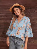 2025 Southeast Asian Summer New Loose V-Neck Temperament Commuter Horn Lace Jersey Chiffon