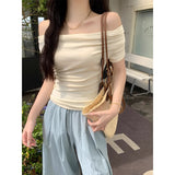 Sweet Sister Pure Want To Expose The Collarbone Word Shoulder Apricot Color Short-Sleeved T-Shirt Girl Summer New Two-Ded Waist Small Top