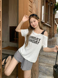 Korean Collidered Slammed Design Slant Shoulder Printed Short Sleeve T-Shirt Women's Summer New Leather Spice Girl Easier Loose T-Shirt