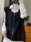 French Retro Buckle Round-Neck Knitted Vest Cardigan Women's Sleeveless Vest Sweater 2025 Autumn Folded Top