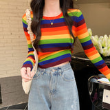 Spring And Autumn 2025 New Korean Version Sweet And Spicy Wind Design Sense Of Small Colling Color Striped Slimming Students Short T-Shirts