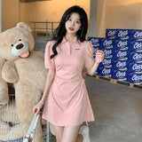 2025 Summer New Polo Collar Dress Women's Spring And Summer Waist Repair Slim Sweet Spicy Short-Sleeved Skirt