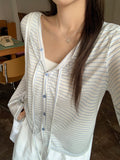 Summer Bows Outside The Blue Striped Long-Sleeved Girl Korean Thin Hoodie Loose Lazy Top