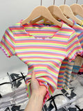 Pure Cotton Shoulder Rainbow Striped Short-Sleeved T-Shirt For Summer New Design Wood Ear Collar Body Dress