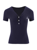 Blue Shoulder V-Neck Chic Embroidered Short-Sleeved T-Shirt For Women's Summer New Design-Scuffed Shoal Blouse