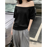One-Word Shoulder Gray 220G Heavy Cotton Short-Sleeved T-Shirt Girl With Languid Summer Slouching Loose Slanted Shoulders