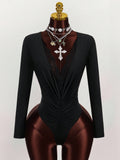 New Solid-Color Shoulder Lace Splicing Deep V-Repair Sexy Elastic Jumpsuit