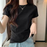 European Goods Shoulder T-Shirt Women's Short-Sleeved Summer 2026 New Round Neck Neckt Pure Cotton Basic Top