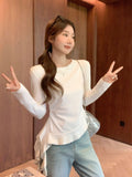 White Lotus Edge Irregular Hem Long-Sleeved T-Shirt Women 2026 Autumn Design Strap Folding Top