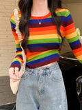 Spring And Autumn 2025 New Korean Version Sweet And Spicy Wind Design Sense Of Small Colling Color Striped Slimming Students Short T-Shirts