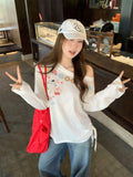 White Letter Graffiti Prints Oblique Shoulder Long-Sleeved Women's T-Shirt Autumn New Folding Loose Inside The Bottom Shirt Top