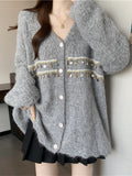 Lazy Wind Gray V-Neck Sleeve Sweater Coat Woman 2025 Autumn/Winter Large-Size Fatmm Knitted Sweater Soft-Gried Top
