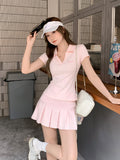 Pink Shoulder Short Sleeve Polo Shirt T-Shirt Girl Summer V Collar Top 100-Fold A-Word Half-Dress Skirt Suit