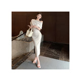 Slanted Collared Shoulder Sexy Waist Temperament Folded Dress French Dress Long Dress Summer Senior Sense