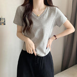 White Short-Sleeved T-Shirt Women's Summer Front Shoulder Thin Design Embody Irregular Short V-Neck Collar Collar Collar Collar Collar Collar Collar Collar Collar Collar Collar