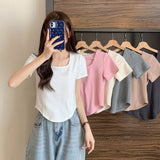 A And A And Shoulder-Necked Short-Sleeved T-Shirt For Women's European Summer New Gas-Retro-Retro-Ageed Fish Bone Short Shirt