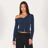 Autumn 2025 Hot Women's Slanted Shoulder Long-Sleeved Button Knitted T-Shirt Y2K Hot Girl Style Repair Body