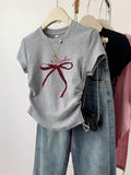 Pure Cotton Bow Short-Sleeved T-Shirt Women's Summer 2025 New Design Sense Small Man Repair On The Shoulder