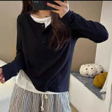 Small Buckle Fake Two T-Shirt Women's Long Sleeve Early Autumn Design Sense Of Small Bumpy Loose Top Inside The Bottom Shirt