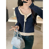 Tibetan Blue French Fake Two Wooden Ears With Long-Sleeved T-Shirts For Girls Early Autumn Hottie Short Bottom Top