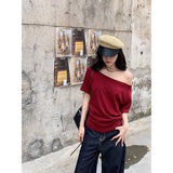 White Oblique Shoulder Short Sleeves Shoulder Collared Sexy T-Shirt Girl Summer Sweet Hot Girl Loose Meat Mask Top